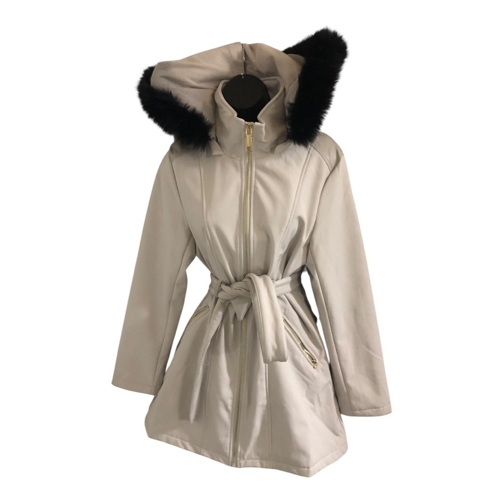 Rebecc Minkoff beige cement black faux fur trim hood floral lined belted coat
